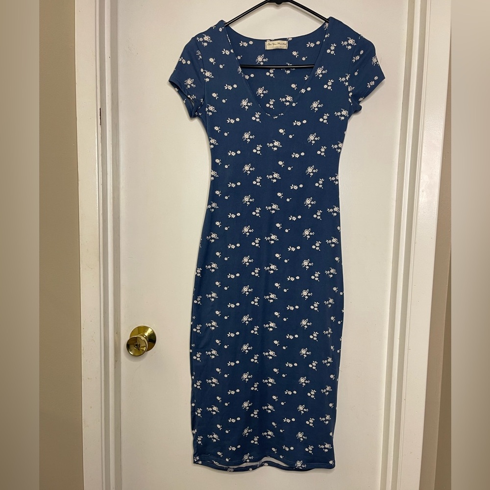 Blue and White Floral Midi Bodycon Dress